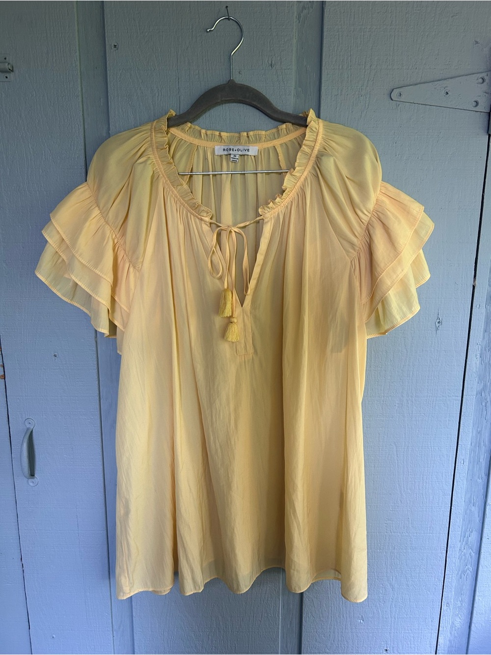 Rose & Olive Pale Yellow Ruffle-Sleeve Peasant Blouse Size 2X